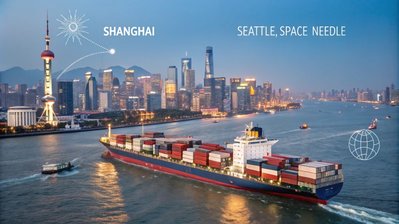 Cargo ship navigating through water with Shanghai skyline and Space Needle
