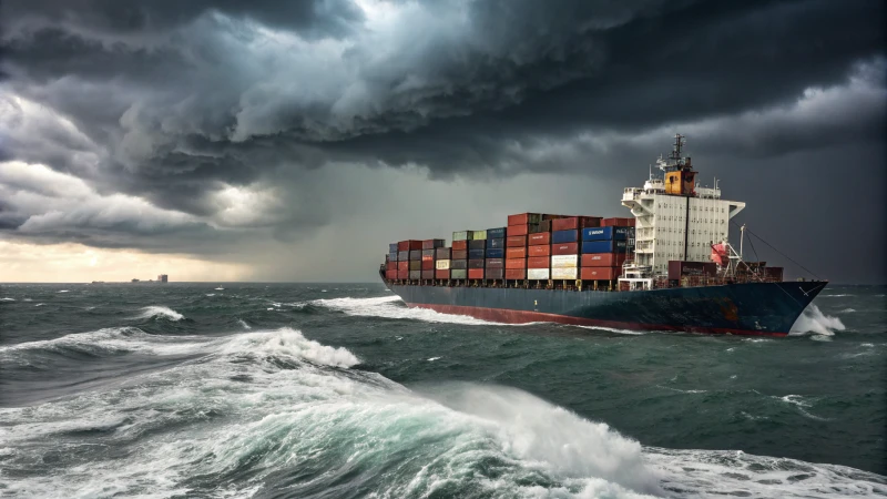 Cargo ship in turbulent waters with storm clouds