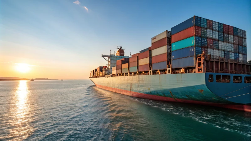 A large cargo ship with colorful containers navigating calm waters at sunset