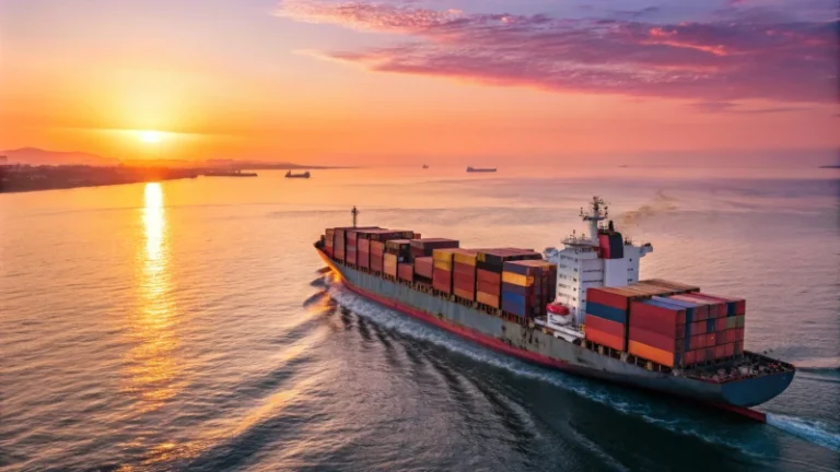 A cargo ship with colorful containers sailing at sunset