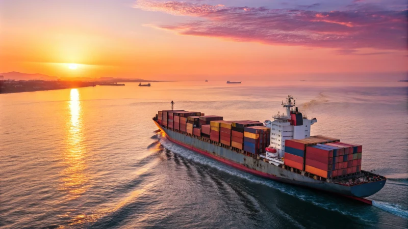 A cargo ship with colorful containers sailing at sunset