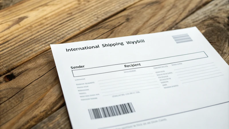 Close-up of an international shipping waybill document on a rustic table