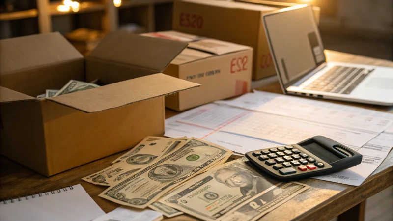 A cluttered desk with shipping boxes and currency notes