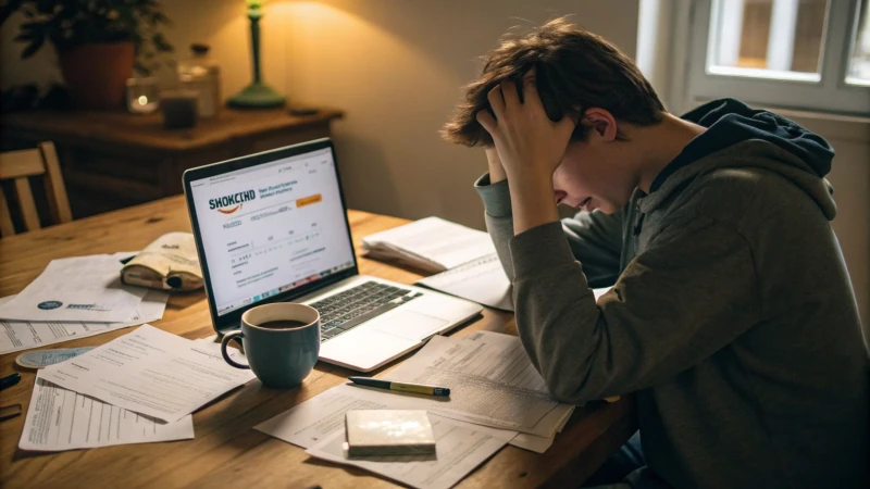 A young adult at a cluttered desk looking frustrated at a laptop screen.