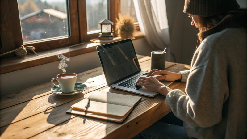 A person typing on a laptop in a cozy home office.