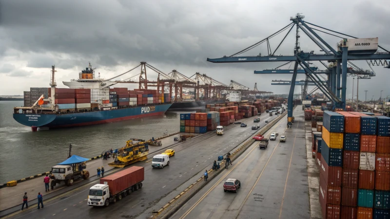 A busy shipping port with cargo vessels and cranes