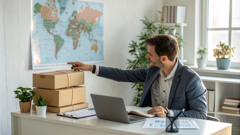 A customs broker explaining regulations to a client in a modern office