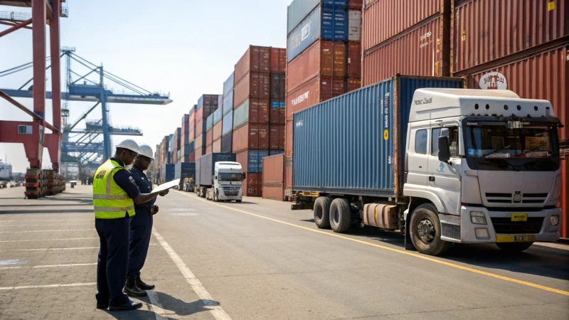 A busy customs clearance area at a port with shipping containers and customs officers.