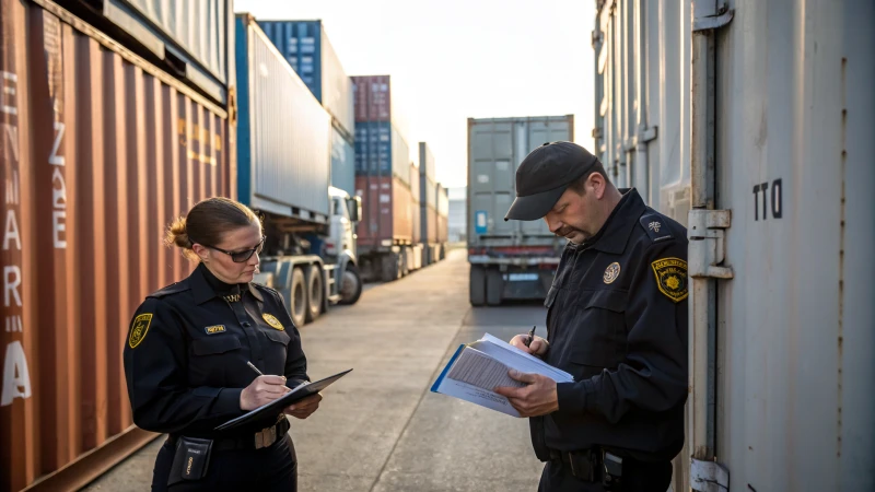 Customs officers inspecting cargo containers at a shipping facility