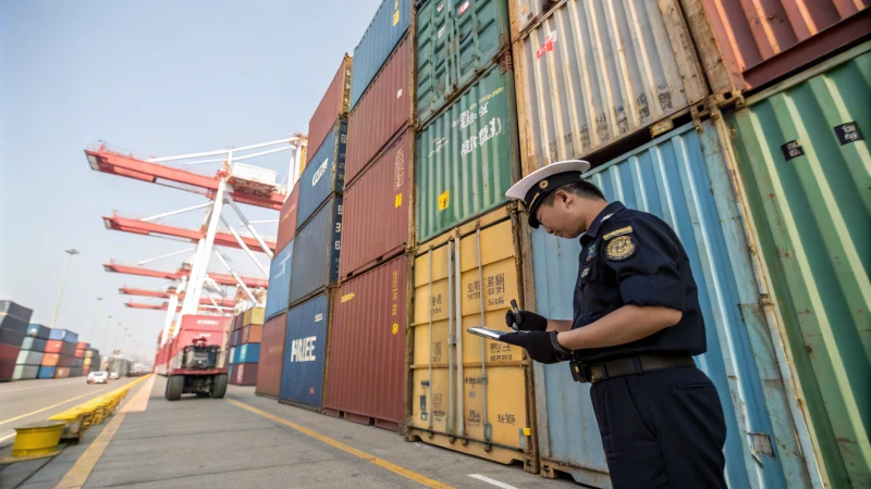 Customs officer inspecting a shipping container