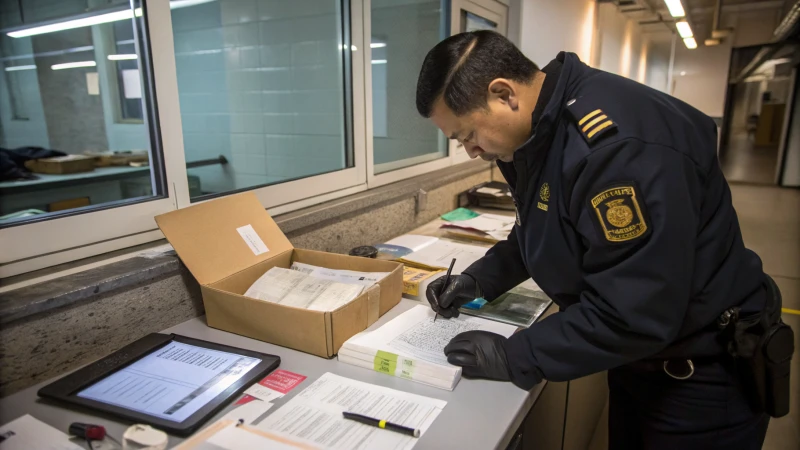 A customs officer examining a package at a cluttered desk.