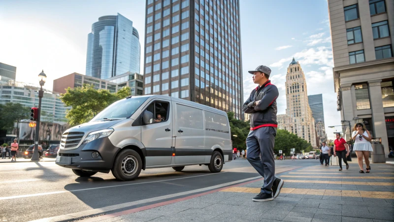 Delivery person standing next to a modern delivery van in a city