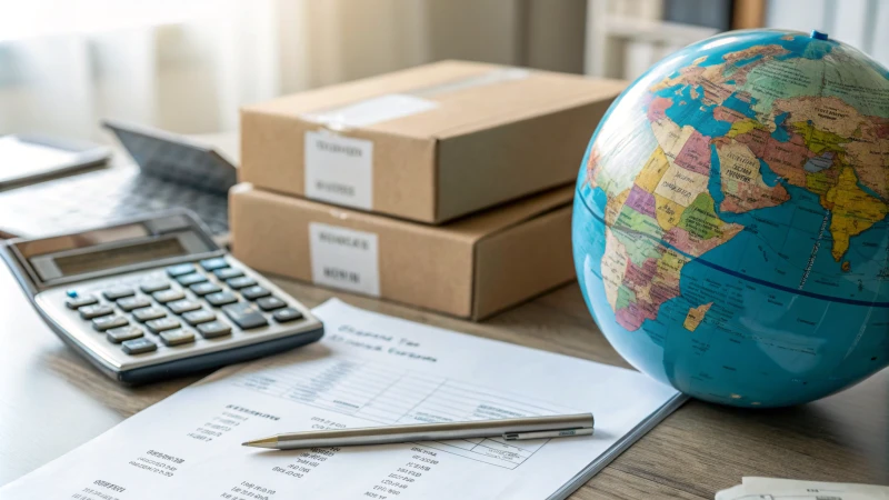 A modern desk setup featuring a calculator, shipping documents, and a globe.