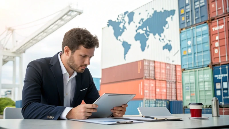 A business professional analyzing logistics data on a tablet at a modern desk.