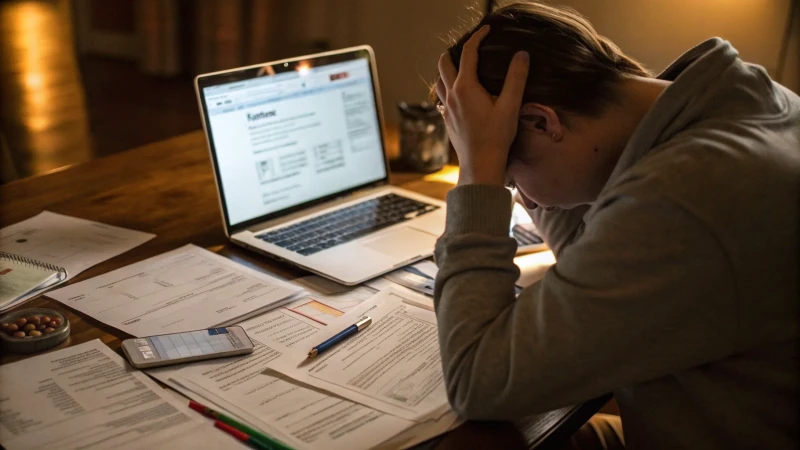 A frustrated person at a cluttered desk with customs documents and a laptop