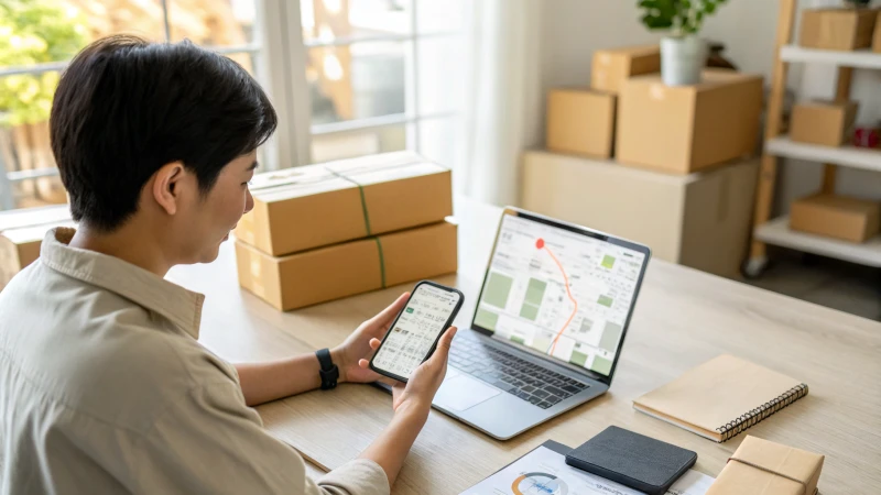 A home office with a person tracking a shipment on a smartphone.