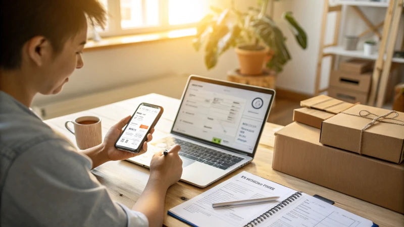 Person using smartphone in home office with laptop and paperwork