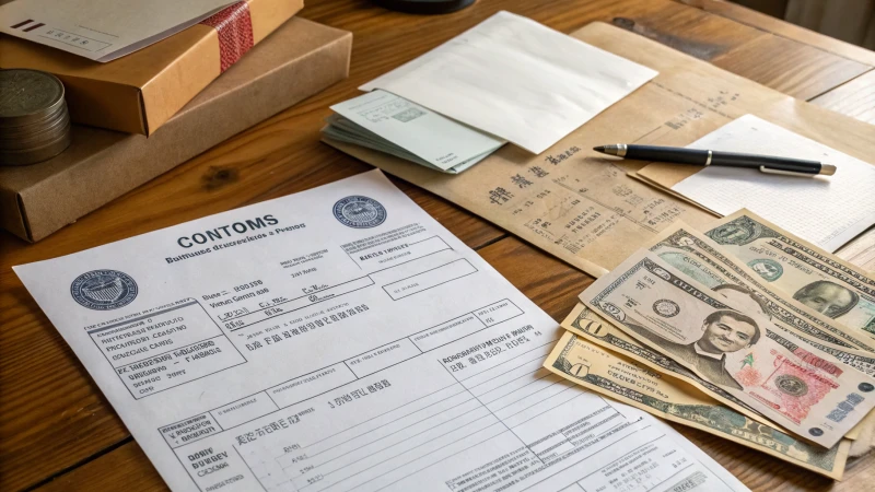 A collection of international shipping documents scattered on a wooden desk