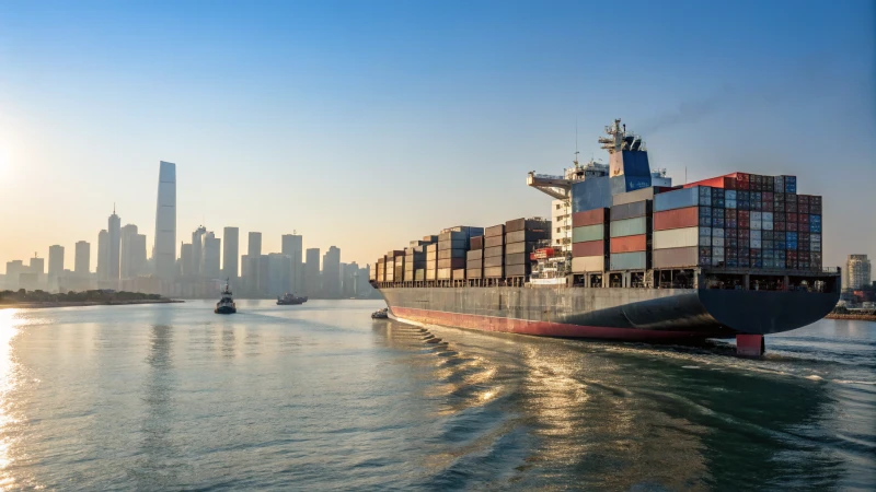 A large container ship on calm waters with a city skyline in the background