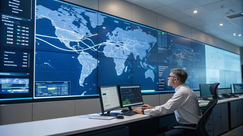 A logistics manager analyzing shipping routes in a modern office.