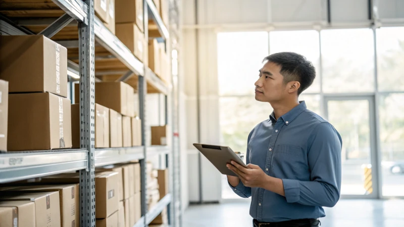 Logistics manager reviewing shipment schedules in a modern warehouse