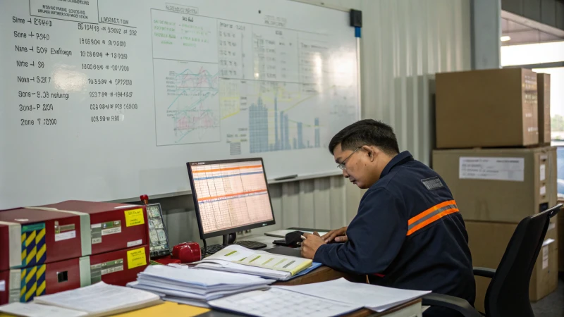 A logistics office with a worker analyzing shipping costs