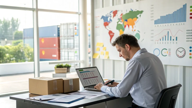 A logistics professional analyzing shipping options at a modern office desk.