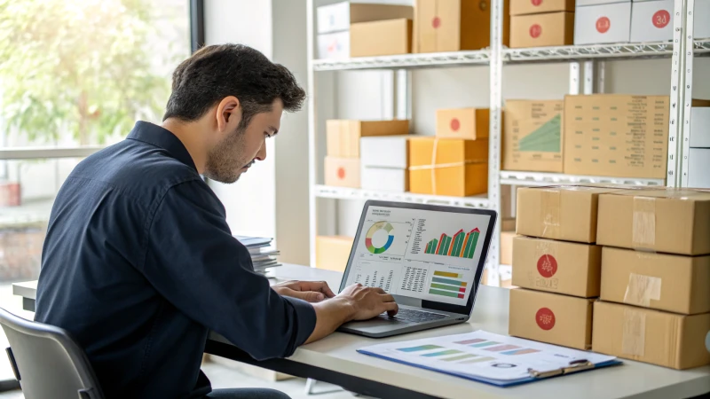 A logistics professional working at a desk with a laptop and charts