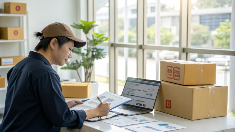 Logistics professional working at a desk with shipping paperwork