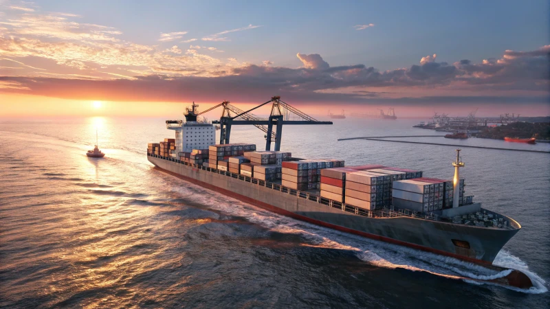 A large modern container ship sailing at sunset