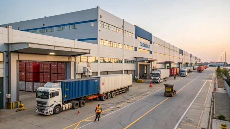 A busy logistics center with trucks and shipping containers