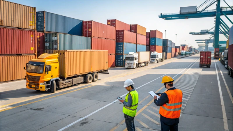 A busy logistics hub with trucks and containers