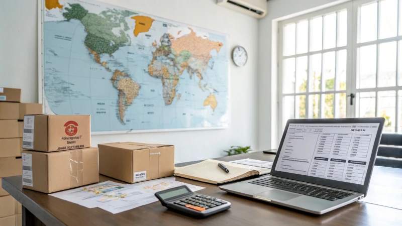 A modern logistics office with a world map and shipping documents