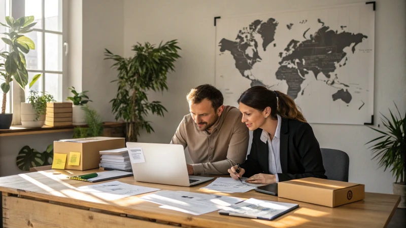 Two professionals discussing logistics in a modern office.