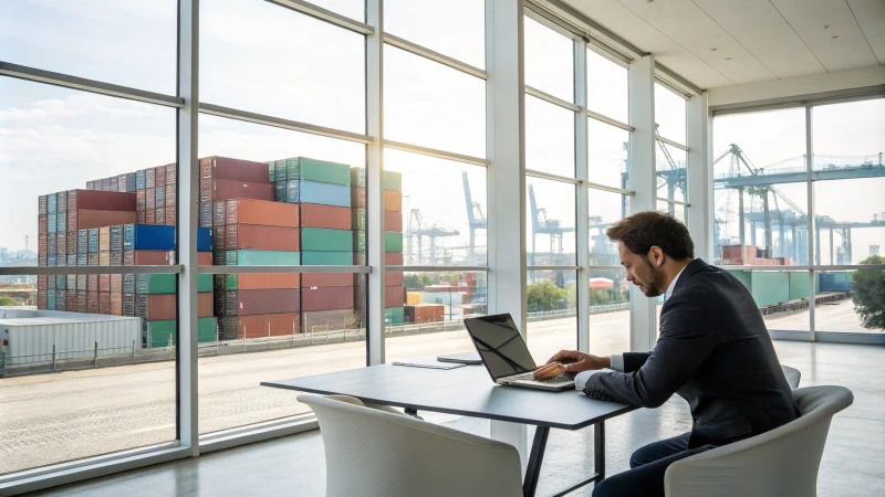 Business professional reviewing logistics on a laptop in a modern office with freight containers in the background.