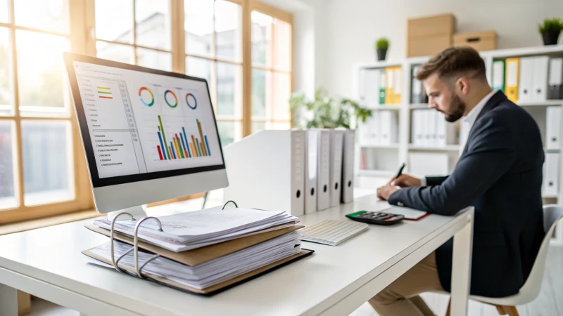 A professional person focused on reviewing documents in a modern office workspace