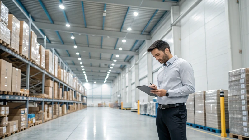 A logistics professional analyzing shipment data in a modern warehouse