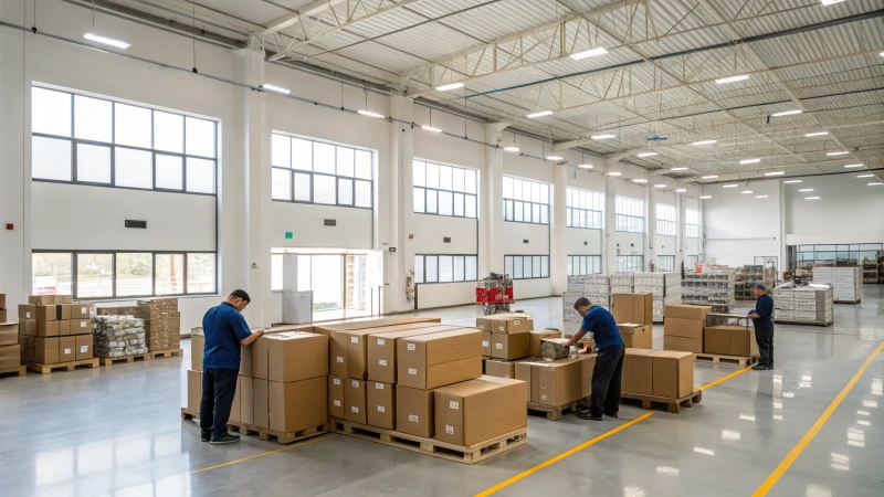 A modern warehouse with organized shipping boxes and workers preparing packages