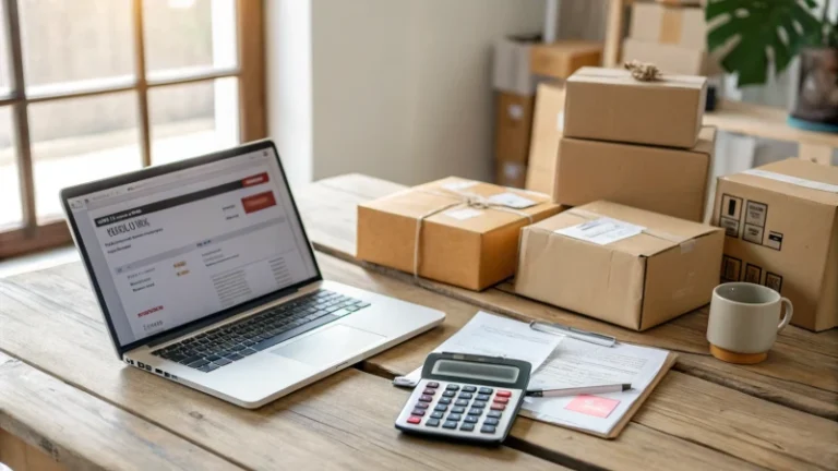 A modern workspace with a laptop, cardboard boxes, and packing supplies.