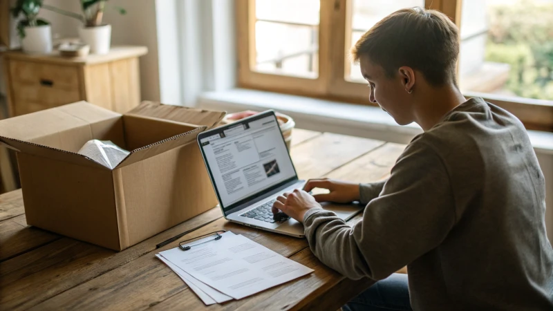 A person in casual attire focused on their laptop with a cardboard package nearby.