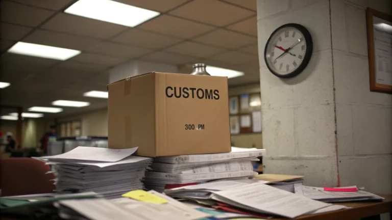 A brown cardboard package labeled 'Customs' surrounded by papers in an office.