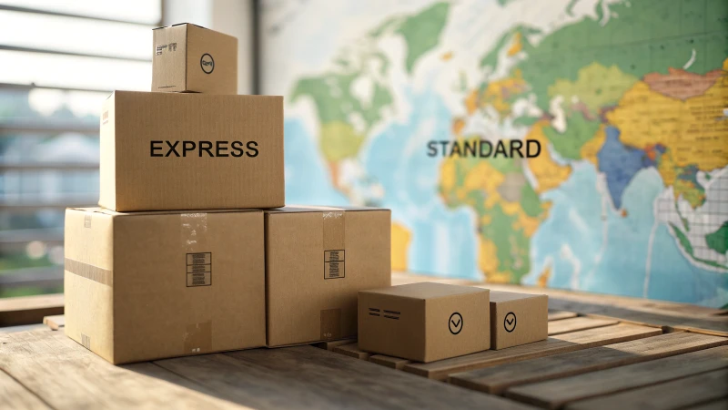 Stacked shipping boxes with labels against a world map