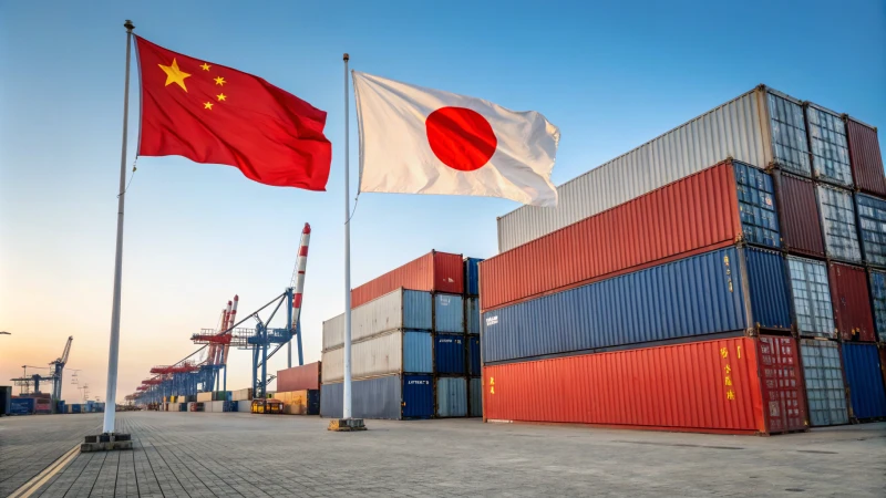 Vibrant shipping container yard with flags of China and Japan