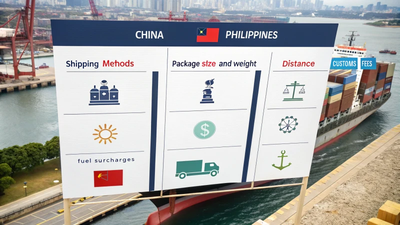 Infographic illustrating factors affecting shipping costs from China to the Philippines