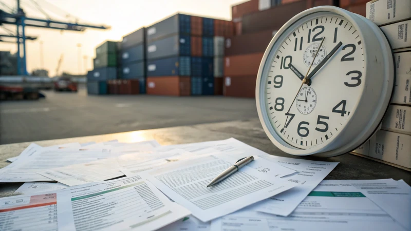 A scene of disorganized shipping documents around a large wall clock