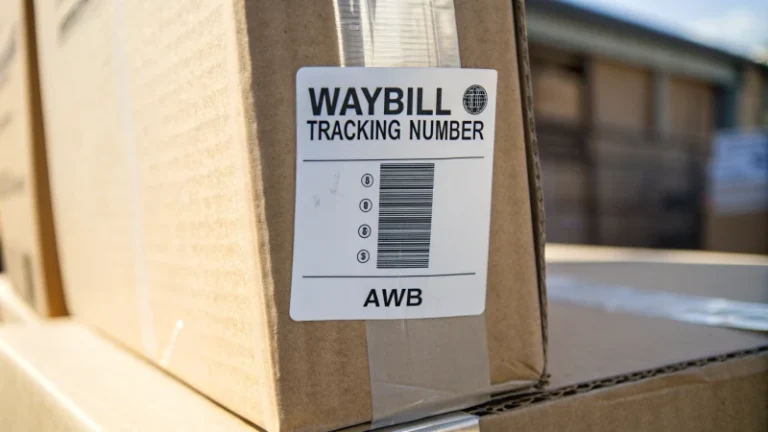 Close-up of a shipping label on a cardboard box