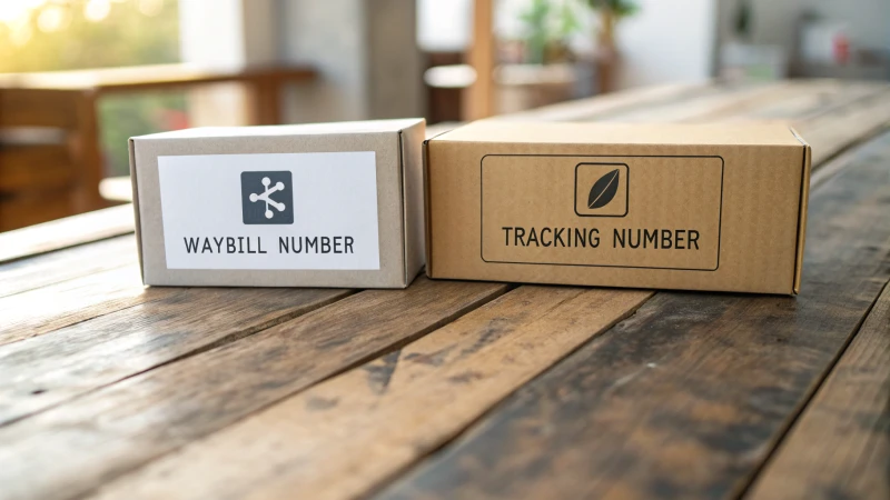 Two shipping labels on a wooden table