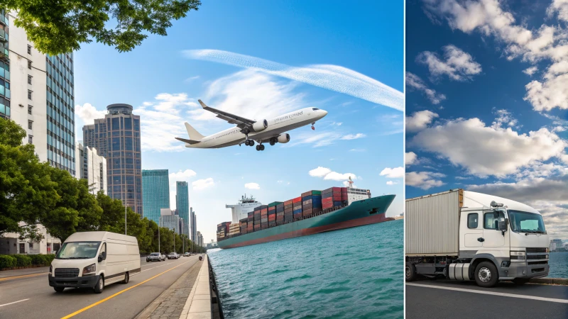 Comparison of a cargo airplane, container ship, and delivery van