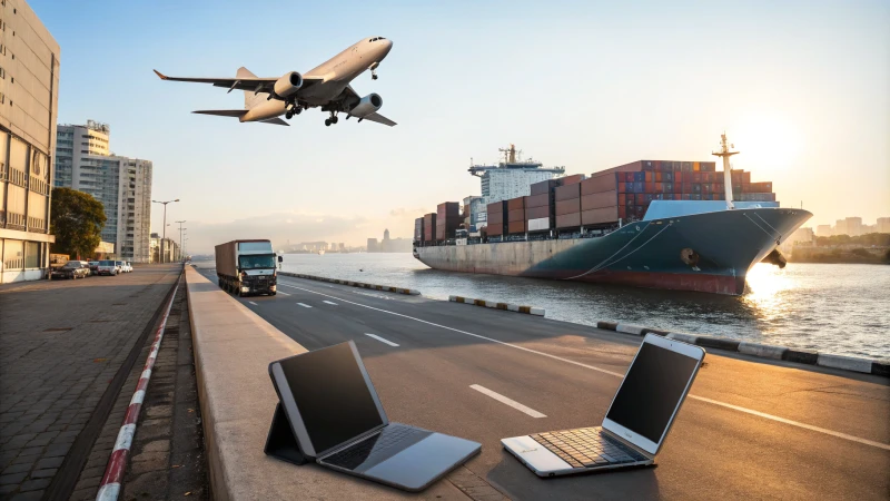 A photorealistic scene of various shipping methods for consumer electronics