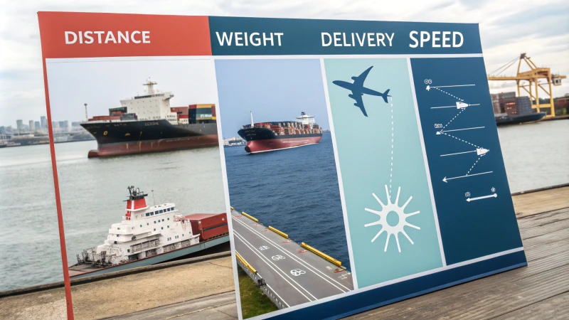 Infographic comparing shipping methods with icons of cargo ships and airplanes.